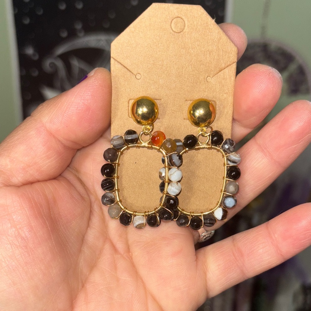 Black agate and white Onyx  Beaded Earrings 14k gold plated